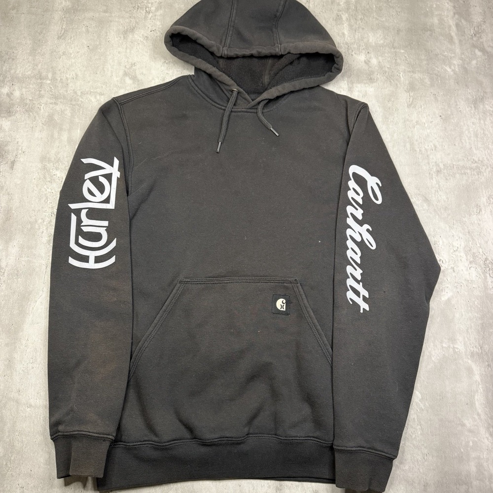 Hurley x Carhartt Mens Black Sleeve Graphic Pullover Hoodie Size Small S Faded